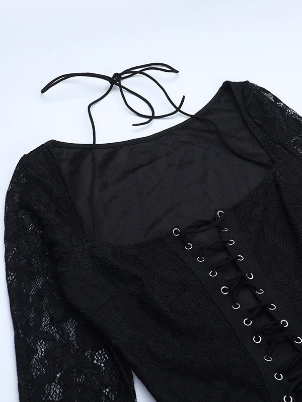 Lace Up Flare Jumpsuit For Women - Black Gothic Floral Lace Long Sleeve Bodycon Romper - Spring Party Clubwear 2026