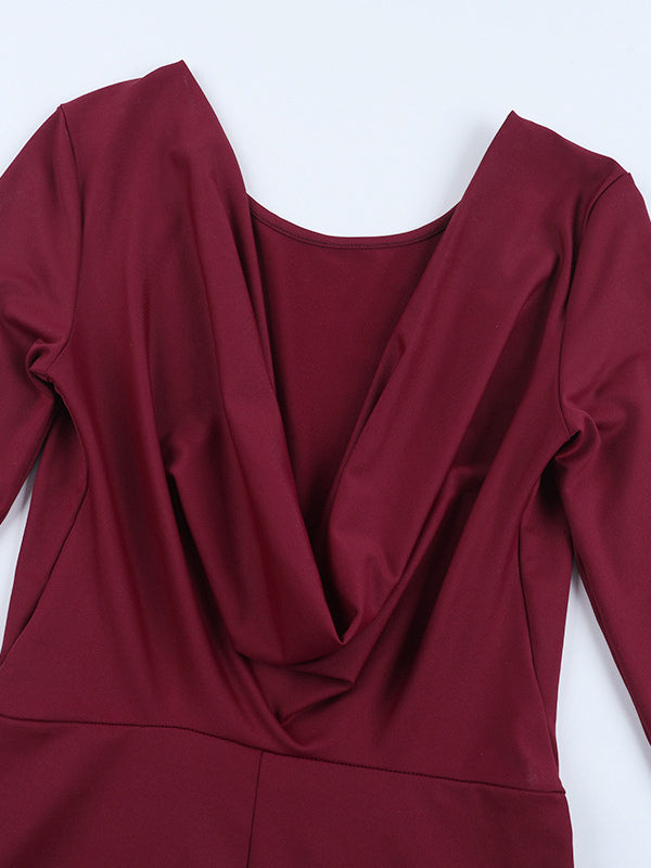 Backless Flare Jumpsuit For Women - Wine Red Sexy Long Sleeve Bodycon Romper - Spring Streetwear 2026