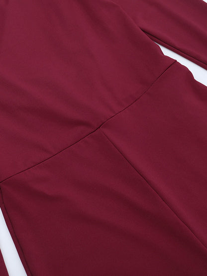 Backless Flare Jumpsuit For Women - Wine Red Sexy Long Sleeve Bodycon Romper - Spring Streetwear 2026