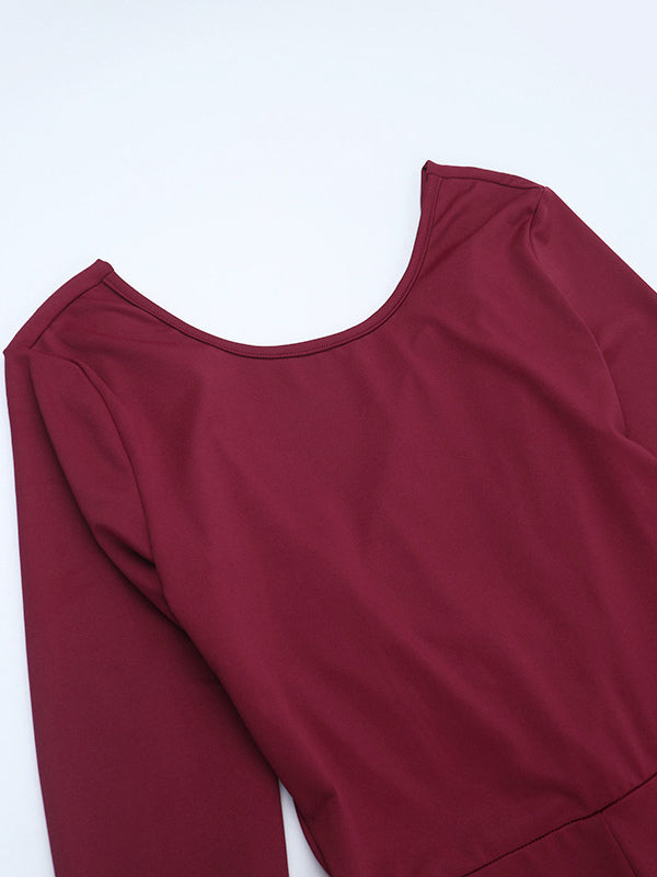 Backless Flare Jumpsuit For Women - Wine Red Sexy Long Sleeve Bodycon Romper - Spring Streetwear 2026