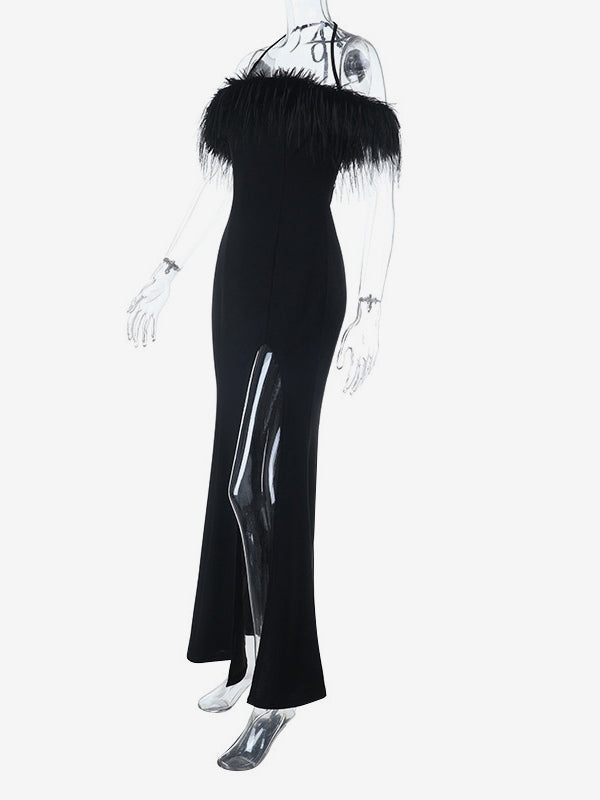 Feather Trim Maxi Dress For Women - Black Elegant Halter High Slit Bodycon Gown - Summer Evening Party 2026