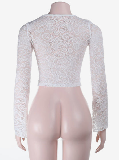Floral Lace Crop Top For Women - White Elegant Long Sleeve V Neck Slim Fit Blouse - Spring Night Out Clubwear 2026