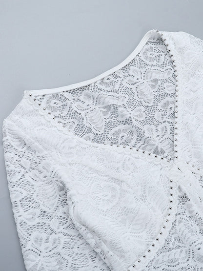 Floral Lace Crop Top For Women - White Elegant Long Sleeve V Neck Slim Fit Blouse - Spring Night Out Clubwear 2026