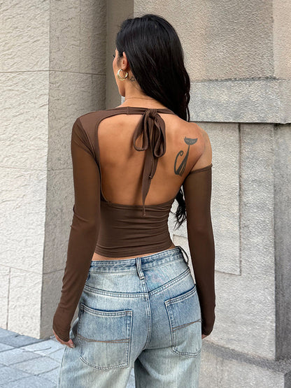 Halter Corset Top For Women - Brown Mesh Patchwork Long Sleeve Blouse - Spring Night Out Clubwear 2026