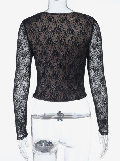 Black Lace Corset Style Crop Top For Women - Gothic Long Sleeve Sweetheart Bustier Blouse - Spring Night Out Party 2026