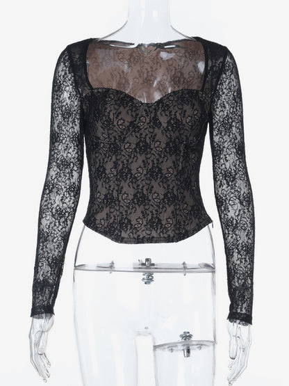 Black Lace Corset Style Crop Top For Women - Gothic Long Sleeve Sweetheart Bustier Blouse - Spring Night Out Party 2026