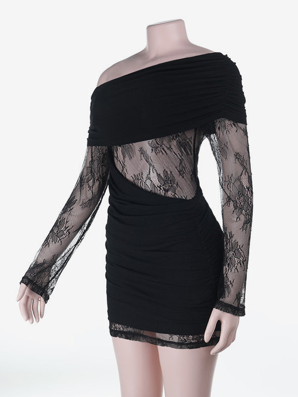 Ruched Lace Patchwork Mini Dress For Women - Black Off Shoulder Bodycon - Spring Club Night Out 2026