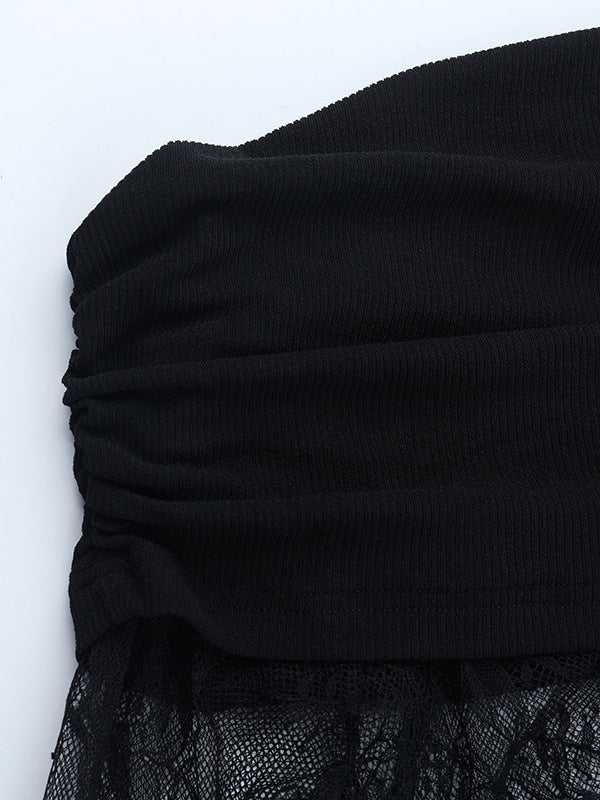Ruched Lace Patchwork Mini Dress For Women - Black Off Shoulder Bodycon - Spring Club Night Out 2026