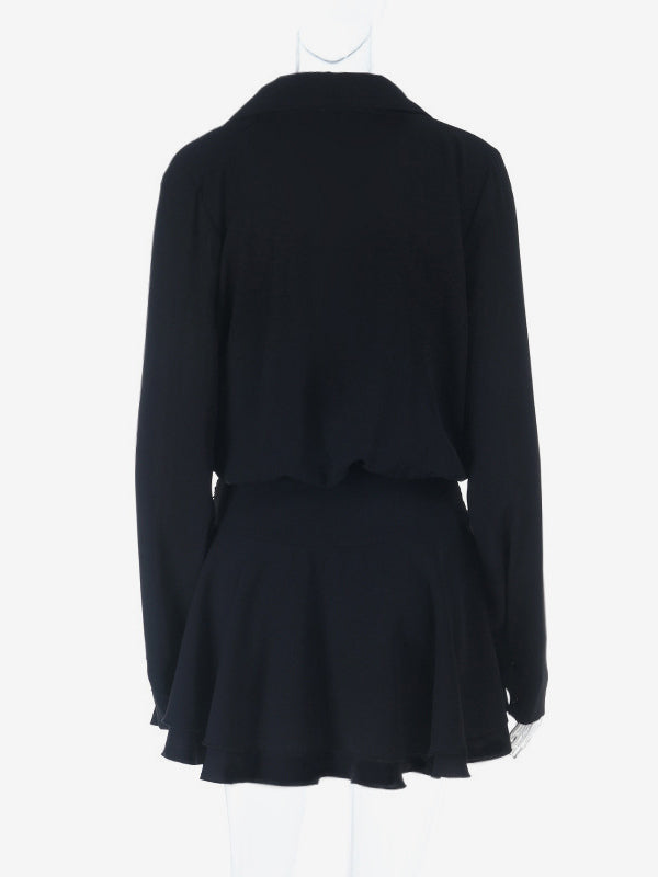 Tie Front Cutout Shirt Dress For Women - Black Long Sleeve Ruffle Hem Mini Dress - Spring Streetwear 2026