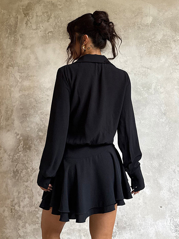 Tie Front Cutout Shirt Dress For Women - Black Long Sleeve Ruffle Hem Mini Dress - Spring Streetwear 2026