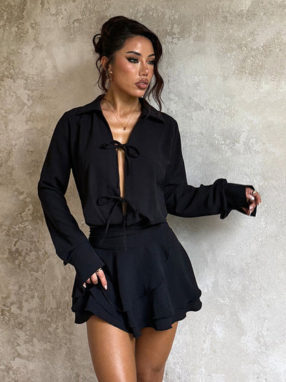 Tie Front Cutout Shirt Dress For Women - Black Long Sleeve Ruffle Hem Mini Dress - Spring Streetwear 2026