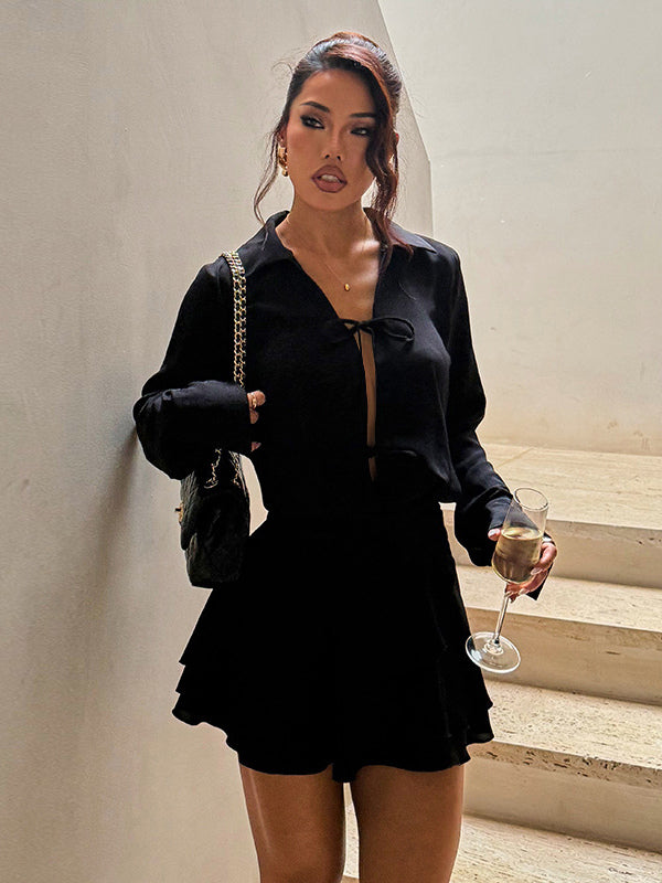 Tie Front Cutout Shirt Dress For Women - Black Long Sleeve Ruffle Hem Mini Dress - Spring Streetwear 2026
