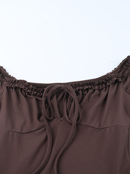 Tiered Ruffle Dress For Women - Coffee Brown Off Shoulder Long Sleeve Balletcore Mini Dress - Spring Birthday Party 2026