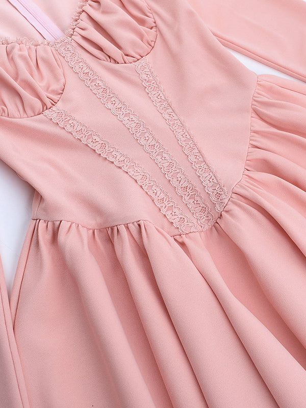 Pink A Line Corset Style Mini Dress For Women - Coquette Lace Patchwork Long Sleeve - Spring Birthday Party 2026