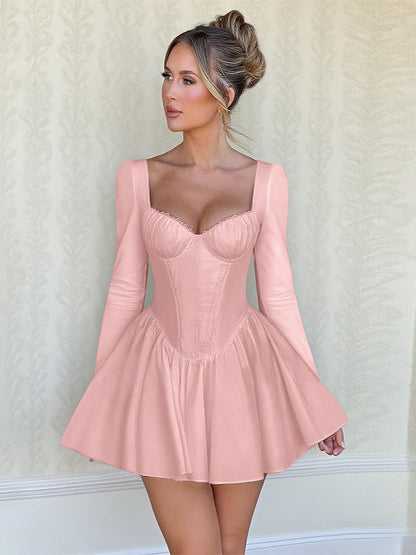 Pink A Line Corset Style Mini Dress For Women - Coquette Lace Patchwork Long Sleeve - Spring Birthday Party 2026