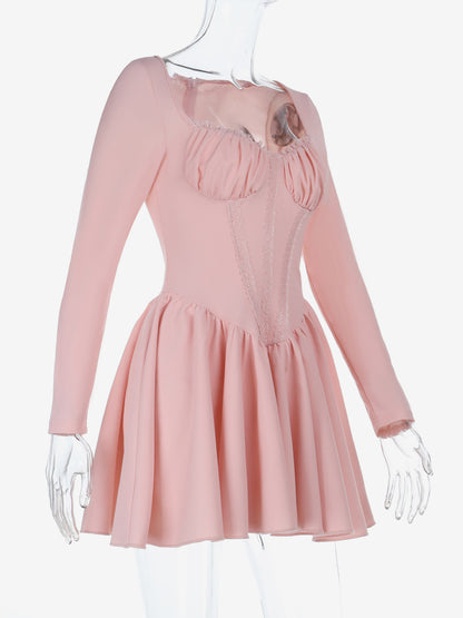 Pink A Line Corset Style Mini Dress For Women - Coquette Lace Patchwork Long Sleeve - Spring Birthday Party 2026