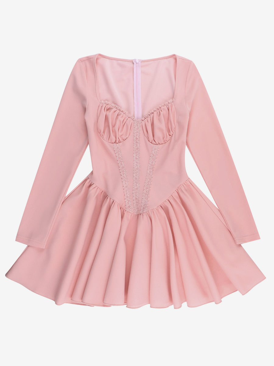 Pink A Line Corset Style Mini Dress For Women - Coquette Lace Patchwork Long Sleeve - Spring Birthday Party 2026