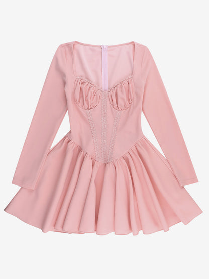 Pink A Line Corset Style Mini Dress For Women - Coquette Lace Patchwork Long Sleeve - Spring Birthday Party 2026