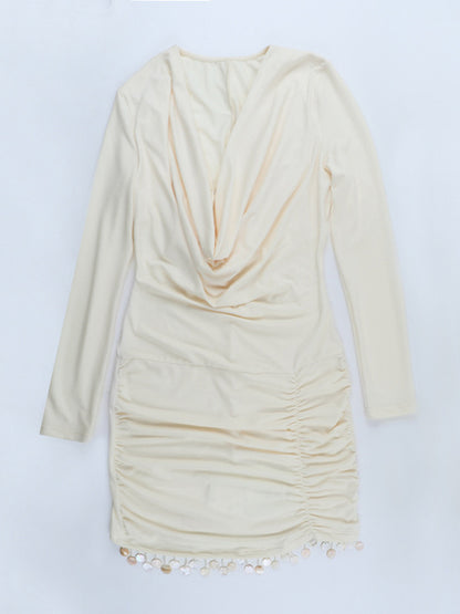 Cowl Neck Ruched Mini Dress For Women- Cream Sexy Long Sleeve Fringe Bodycon - Spring Cocktail Party 2026