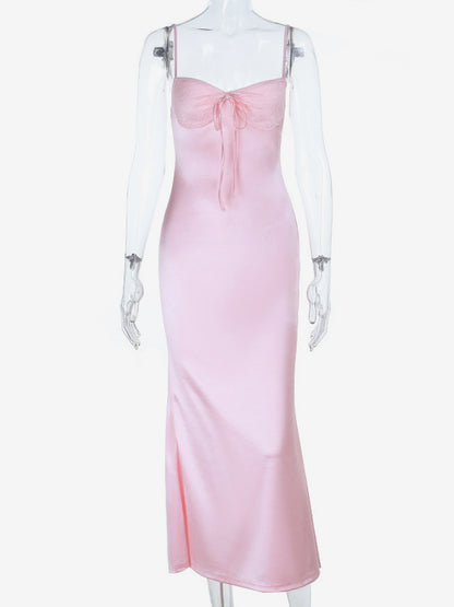 Pastel Pink Coquette Slip Dress For Women - Bow Front Midi Cami Gown - Spring Date Night Outfits 2026