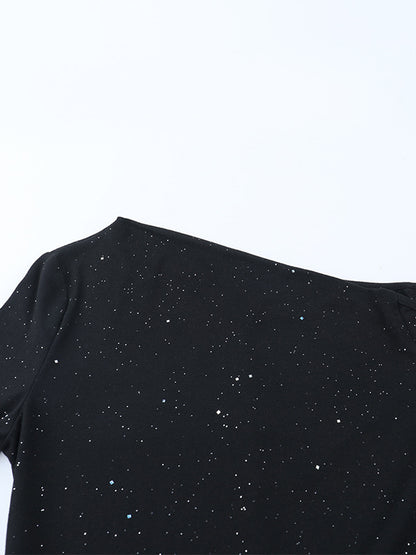 Glitter One Shoulder Maxi Dress For Women - Black Sparkly High Slit Slim Fit Gown - Spring Gala Prom Party Outfits 2026