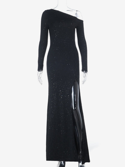 Glitter One Shoulder Maxi Dress For Women - Black Sparkly High Slit Slim Fit Gown - Spring Gala Prom Party Outfits 2026