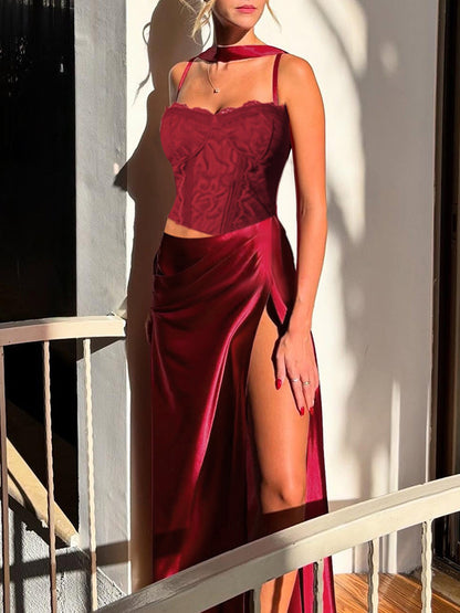 Corset Style Lace Maxi Dress For Women - Drape Ruched Bodycon Gown - Spring Evening Party Outfits 2026