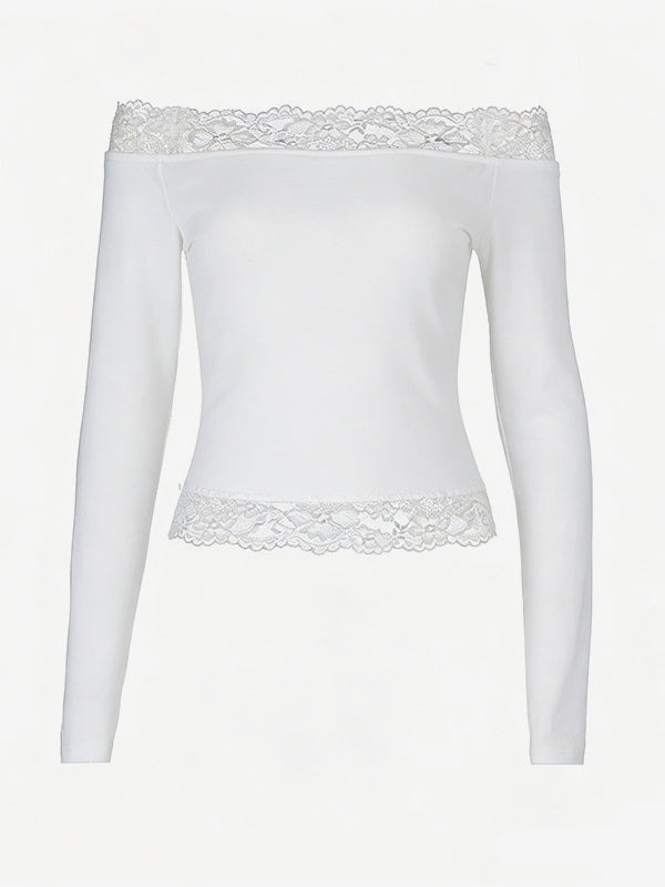 Off Shoulder Lace Trim Crop Top For Women - Long Sleeve Slim Fit Y2K Blouse - Spring Streetwear 2026