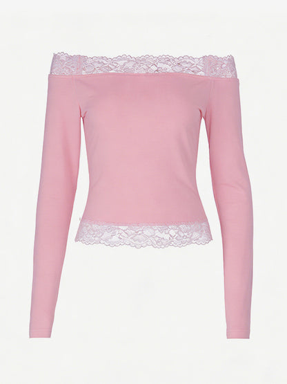 Off Shoulder Lace Trim Crop Top For Women - Long Sleeve Slim Fit Y2K Blouse - Spring Streetwear 2026