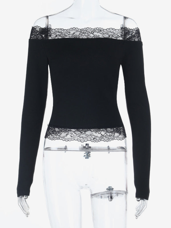 Off Shoulder Lace Trim Crop Top For Women - Long Sleeve Slim Fit Y2K Blouse - Spring Streetwear 2026
