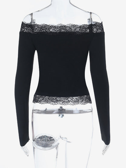Off Shoulder Lace Trim Crop Top For Women - Long Sleeve Slim Fit Y2K Blouse - Spring Streetwear 2026