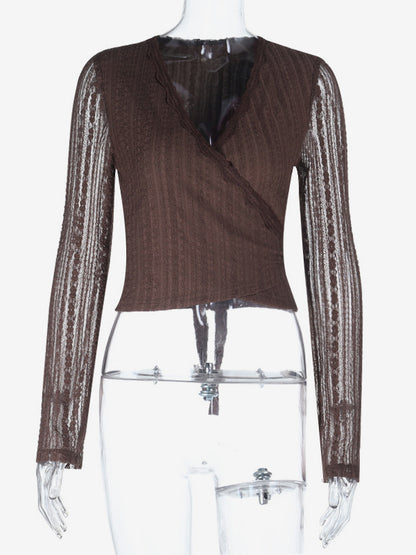 Lace Wrap V Neck Blouse For Women - Brown Vintage Long Sleeve Slim Fit Cropped Top - Spring Casual Daily Wear 2026