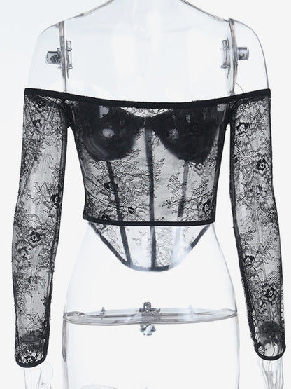 Off Shoulder Lace Corset Blouse For Women - Black Sheer Mesh Long Sleeve Bustier Top - Spring Night Out Clubwear 2026