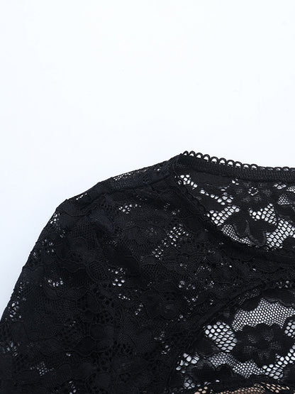 Lace Cutout Corset Style Blouse For Women - Black Sexy Long Sleeve Bustier Top - Spring Clubwear Party 2026
