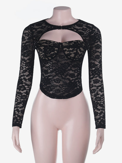 Lace Cutout Corset Style Blouse For Women - Black Sexy Long Sleeve Bustier Top - Spring Clubwear Party 2026