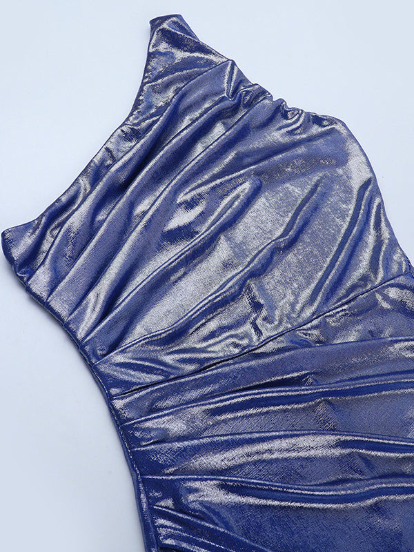 Metallic One-Shoulder Maxi Dress For Women - Royal Blue Ruched High Slit Slim Fit Gown - Spring Cocktail Party Wear 2026
