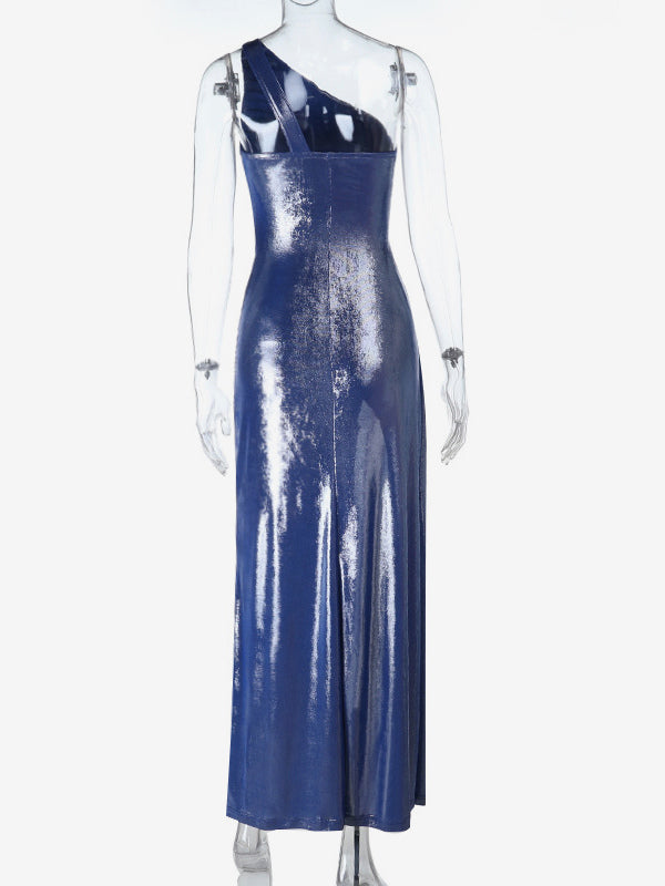 Metallic One-Shoulder Maxi Dress For Women - Royal Blue Ruched High Slit Slim Fit Gown - Spring Cocktail Party Wear 2026