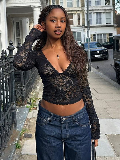 Floral Lace Crop Top For Women - Black Sexy V Neck Long Sleeve - Spring Night Out Clubwear 2026