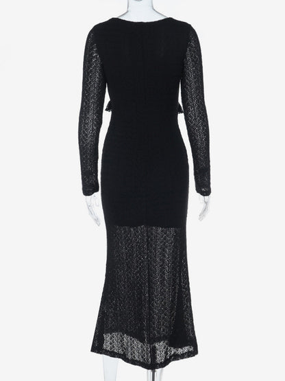V-Neck Bodycon Long Dress For Women - Black Sexy Ruffle Cut Out - Spring Party Wedding Guest Wear 2026