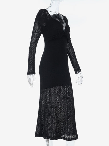V-Neck Bodycon Long Dress For Women - Black Sexy Ruffle Cut Out - Spring Party Wedding Guest Wear 2026