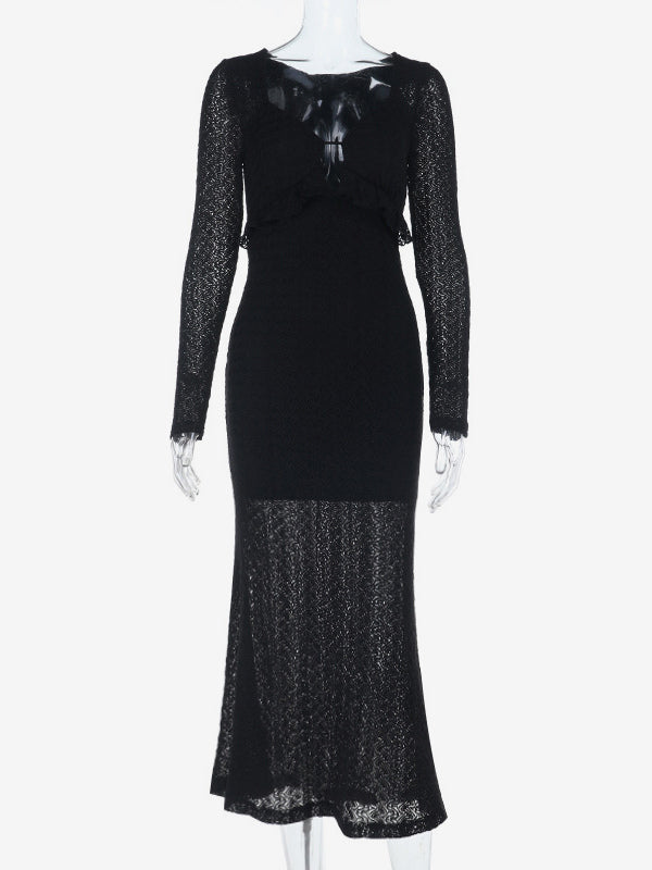 V-Neck Bodycon Long Dress For Women - Black Sexy Ruffle Cut Out - Spring Party Wedding Guest Wear 2026