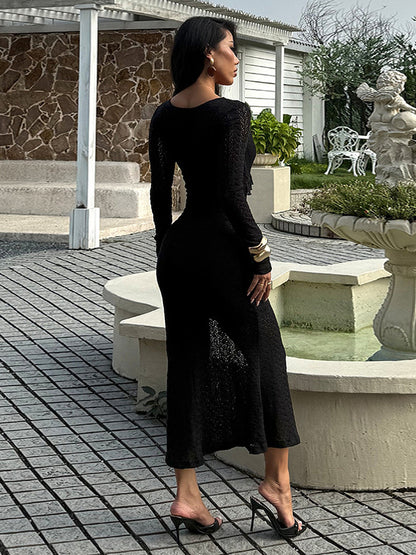 V-Neck Bodycon Long Dress For Women - Black Sexy Ruffle Cut Out - Spring Party Wedding Guest Wear 2026