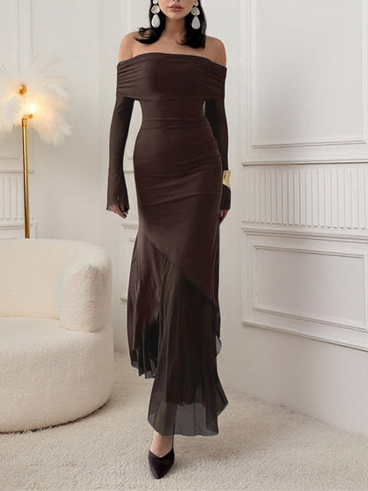 Off Shoulder Maxi Dress For Women - Brown Elegant Ruched Sheer Mesh Sleeve - Spring Party Wear 2026