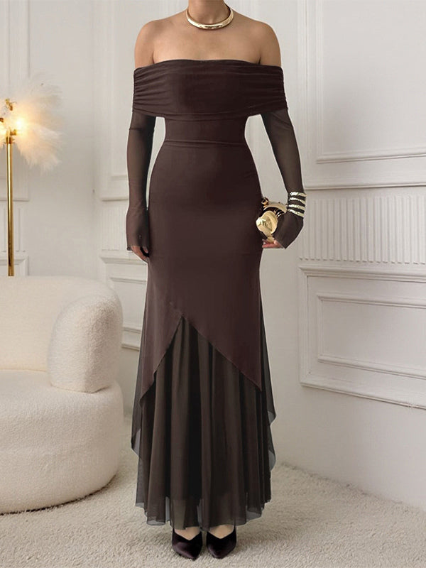 Off Shoulder Maxi Dress For Women - Brown Elegant Ruched Sheer Mesh Sleeve - Spring Party Wear 2026