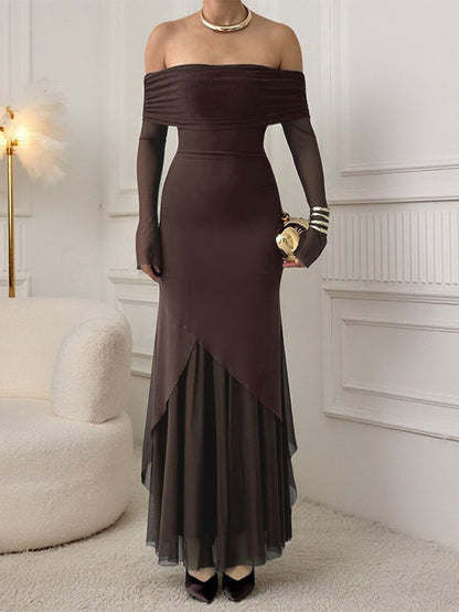 Off Shoulder Maxi Dress For Women - Brown Elegant Ruched Sheer Mesh Sleeve - Spring Party Wear 2026