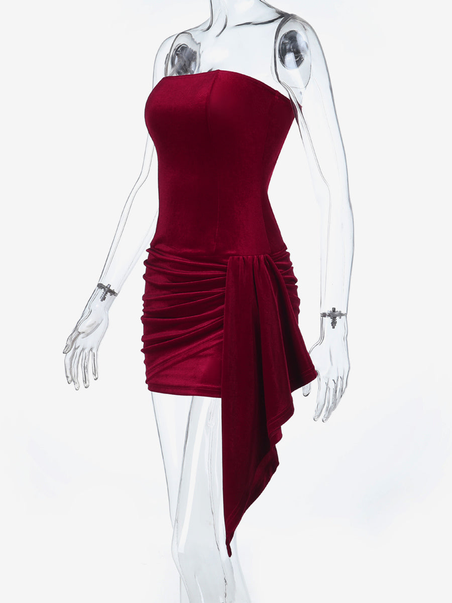 Ruched Velvet Bodycon Mini Dress For Women-Red Strapless Draped Side Sash -Spring Summer Cocktail Party Wear 2026