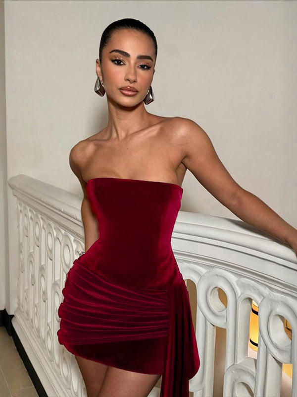 Ruched Velvet Bodycon Mini Dress For Women-Red Strapless Draped Side Sash -Spring Summer Cocktail Party Wear 2026