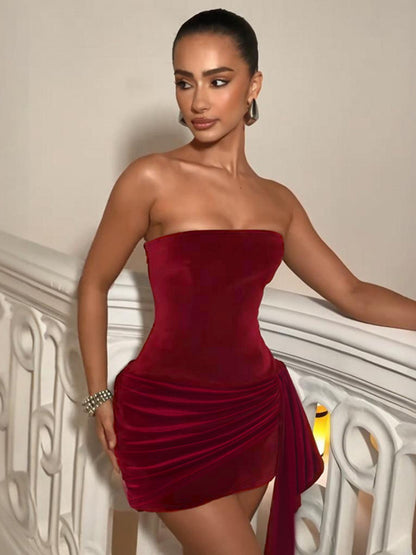 Ruched Velvet Bodycon Mini Dress For Women-Red Strapless Draped Side Sash -Spring Summer Cocktail Party Wear 2026