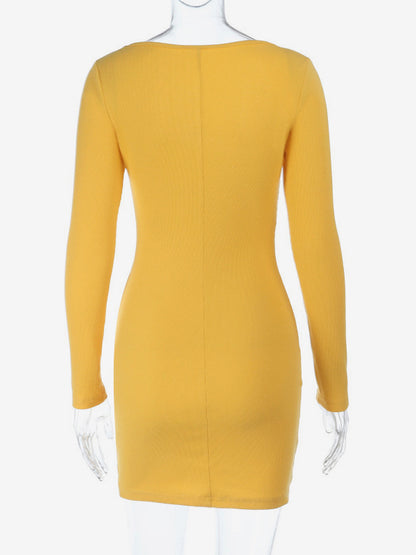 Floral Rhinestone Ribbed Dress For Women - Yellow Long Sleeve Square Neck Bodycon Mini Dress - Spring Casual Streetwear 2026