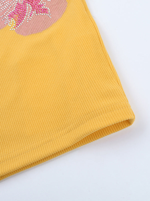 Floral Rhinestone Ribbed Dress For Women - Yellow Long Sleeve Square Neck Bodycon Mini Dress - Spring Casual Streetwear 2026